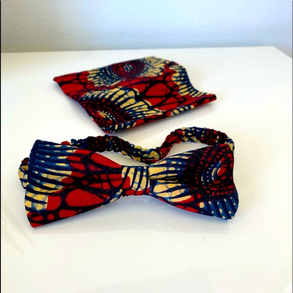 African Print Bow tie with matching pocket square O/S - Picture 2 of 3
